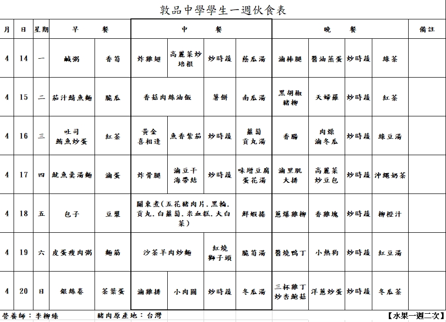 0414每周菜單