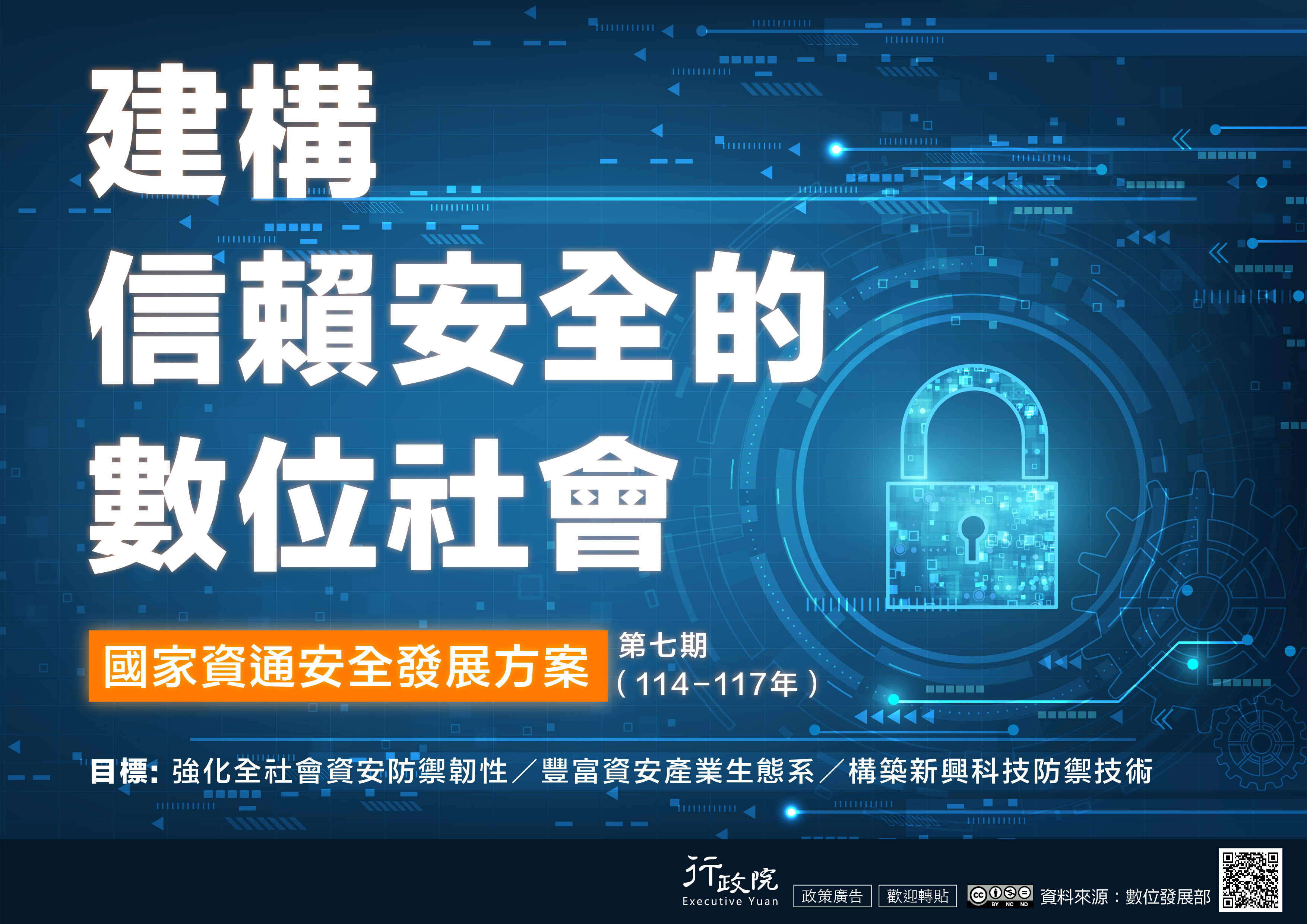 卓院長請數發部配合「國家資通安全戰略2025」願景，依「第七期國家資通安全發展方案」擬定策略，推動全社會資安防禦、提升關鍵基礎設施資安韌性、壯大我國資安產業、強化AI新興資安科技應用與合作，打造人民信賴的全社會資安防禦體系。